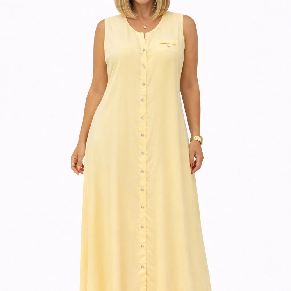 Hugo Buscati Soft Yellow Silk Maxi Shift Dress Size 16 Sleeveless Button Front - Picture 3 of 4